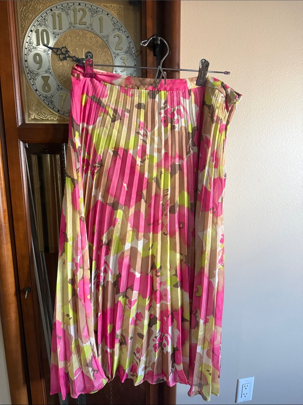 LOFT Pink & Green Floral Pleated Midi Skirt